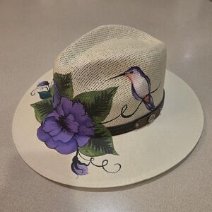 Cream Hat with Purple Floral and Hummingbird Design